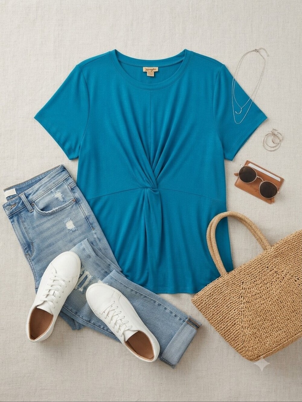 Wrangler Blue Twist Knot Front Short Sleeve Blouse